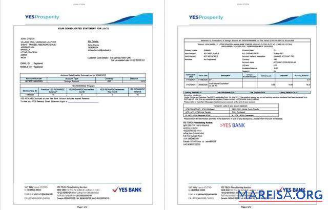 Printable India Yes bank account statement word 2 pages example